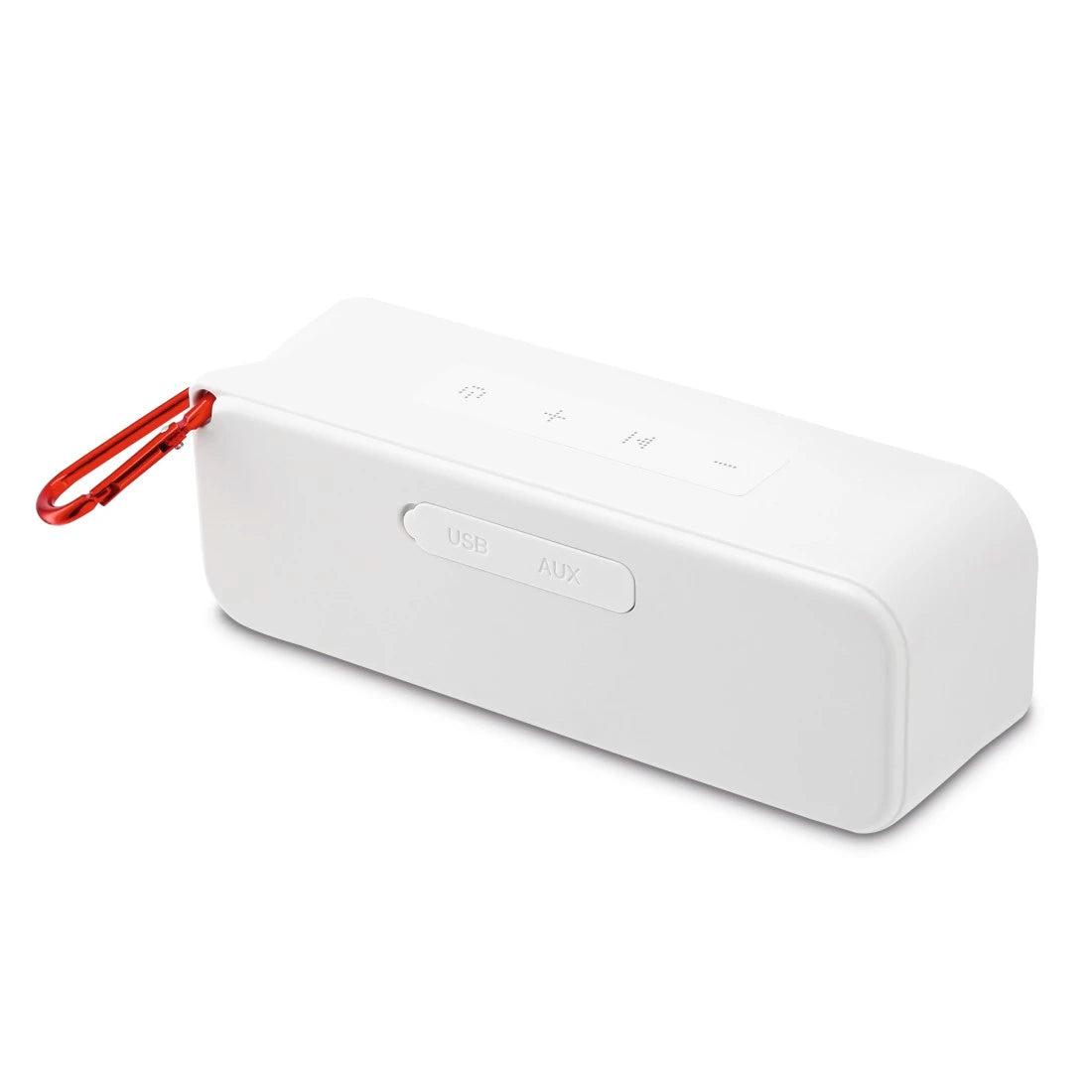White portable speaker with a red clip on a white background
