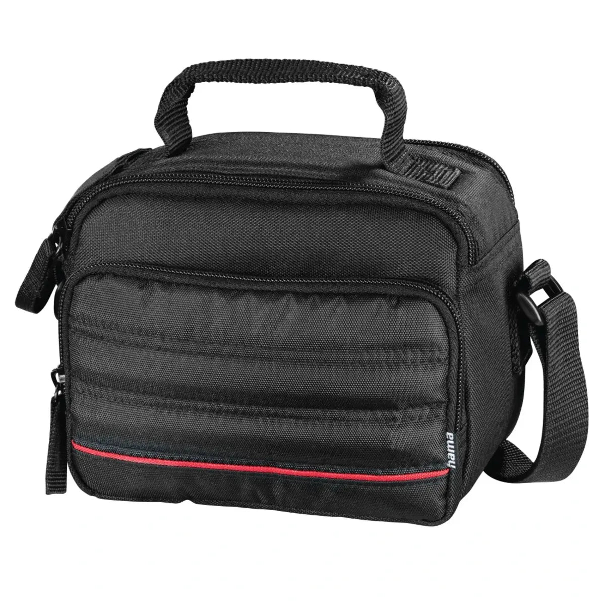 Black camera bag with a handle and shoulder strap on a white background