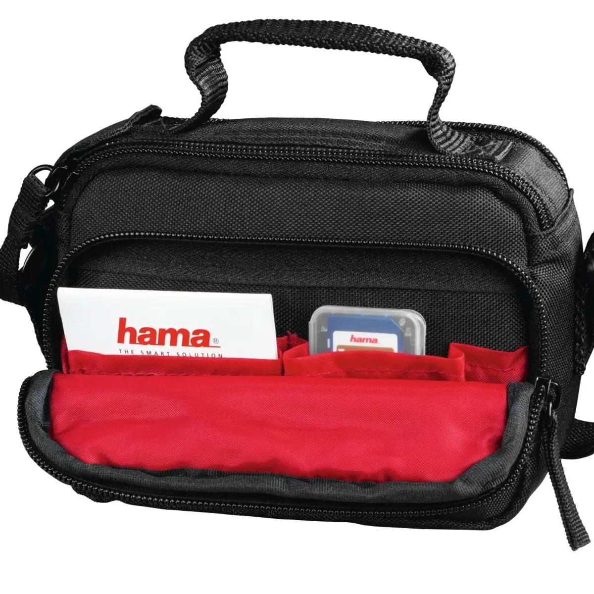Black carrying case with red interior, containing Hama branded items on a white background