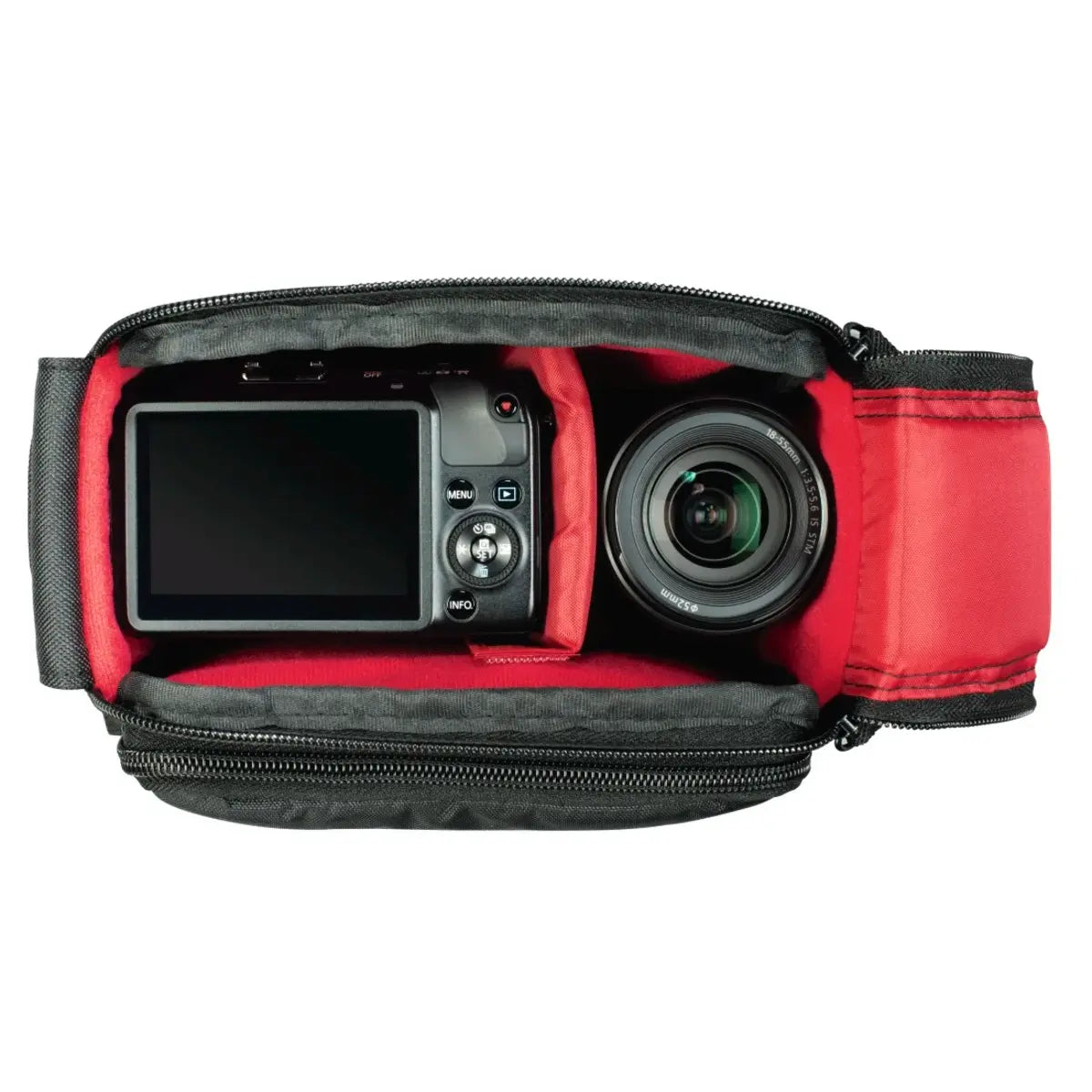 Camera and lens inside a red and black camera bag on a white background