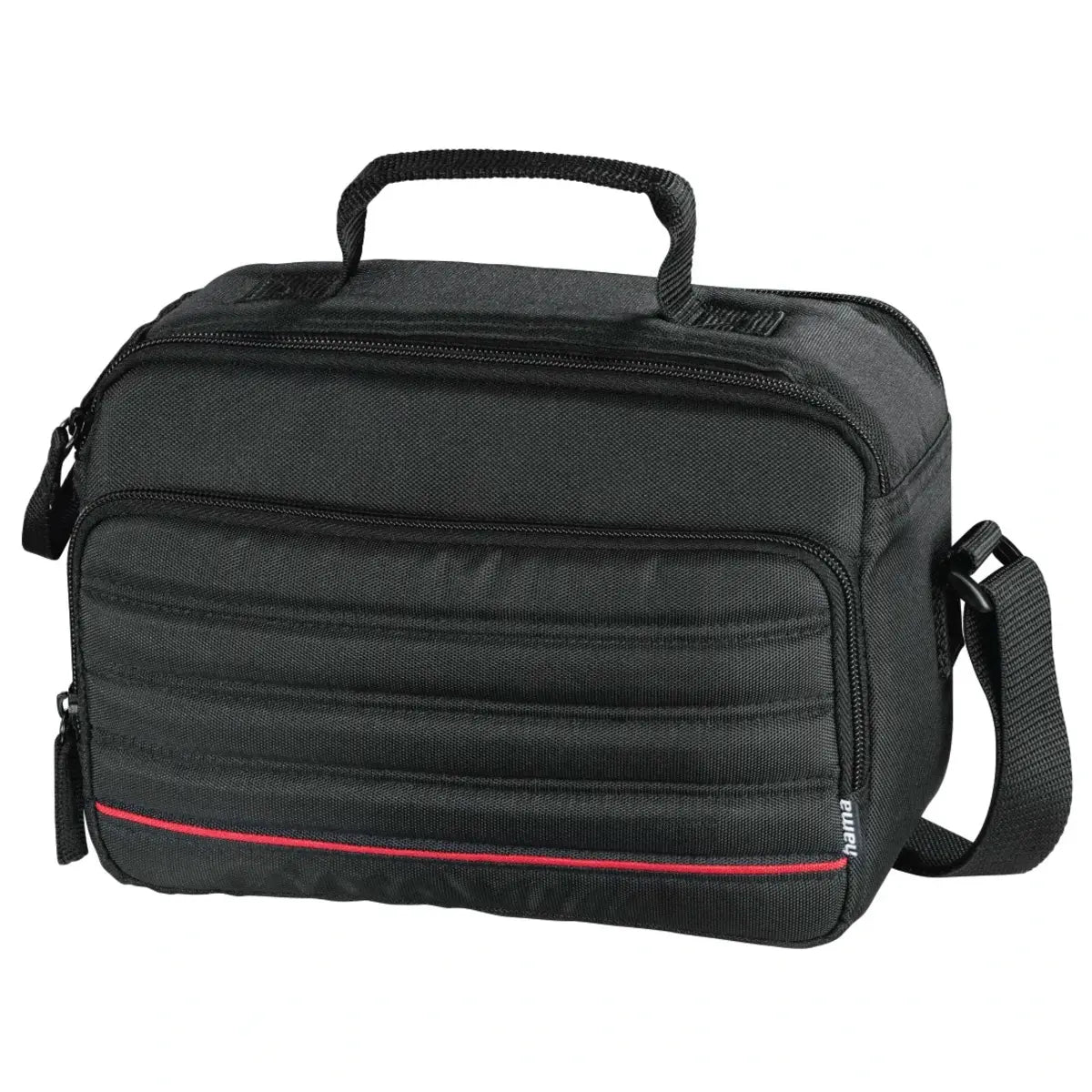 Black carrying case with a red stripe on a white background
