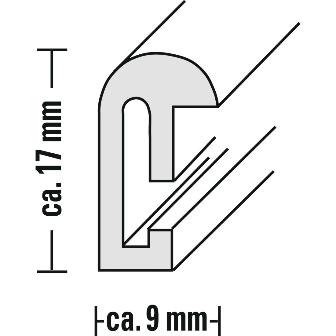 Measurement diagram of a U-shaped metal profile with dimensions indicated.