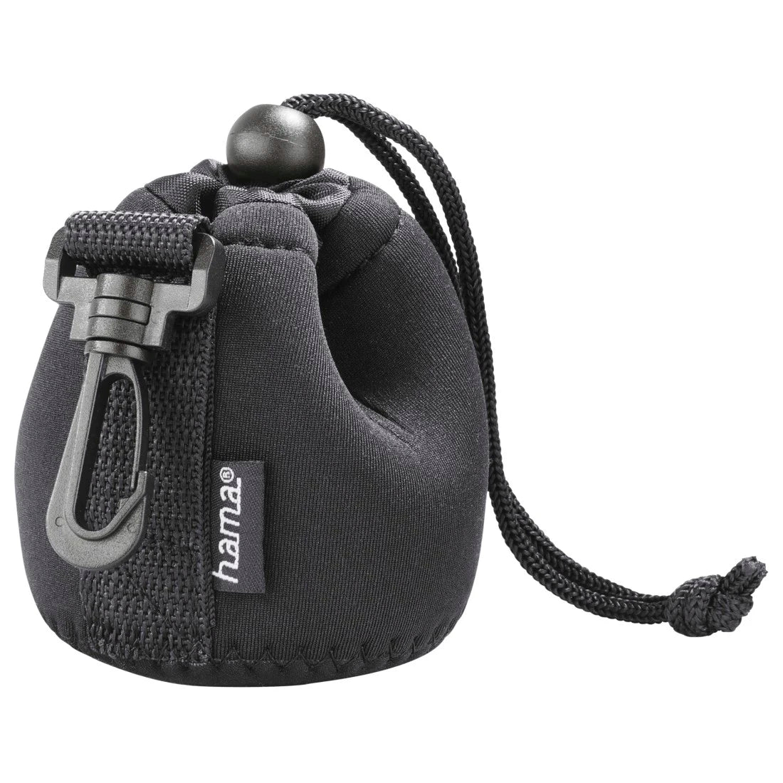 Black camera lens pouch with carabiner on a white background