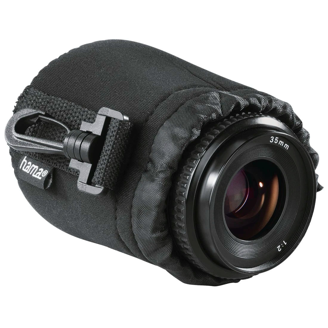 Camera lens with a black protective cover on a white background