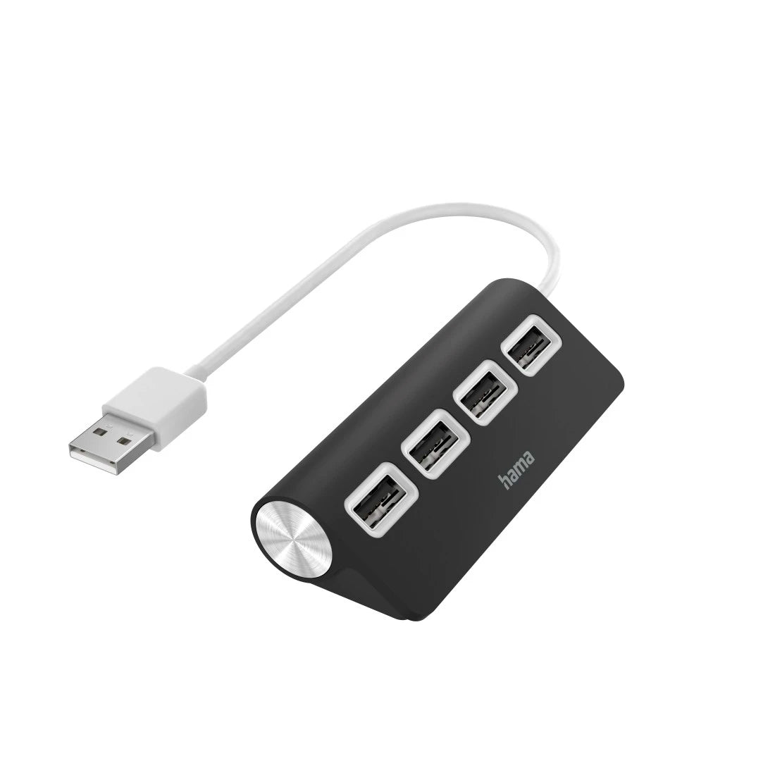 Black USB hub with multiple ports on a white background