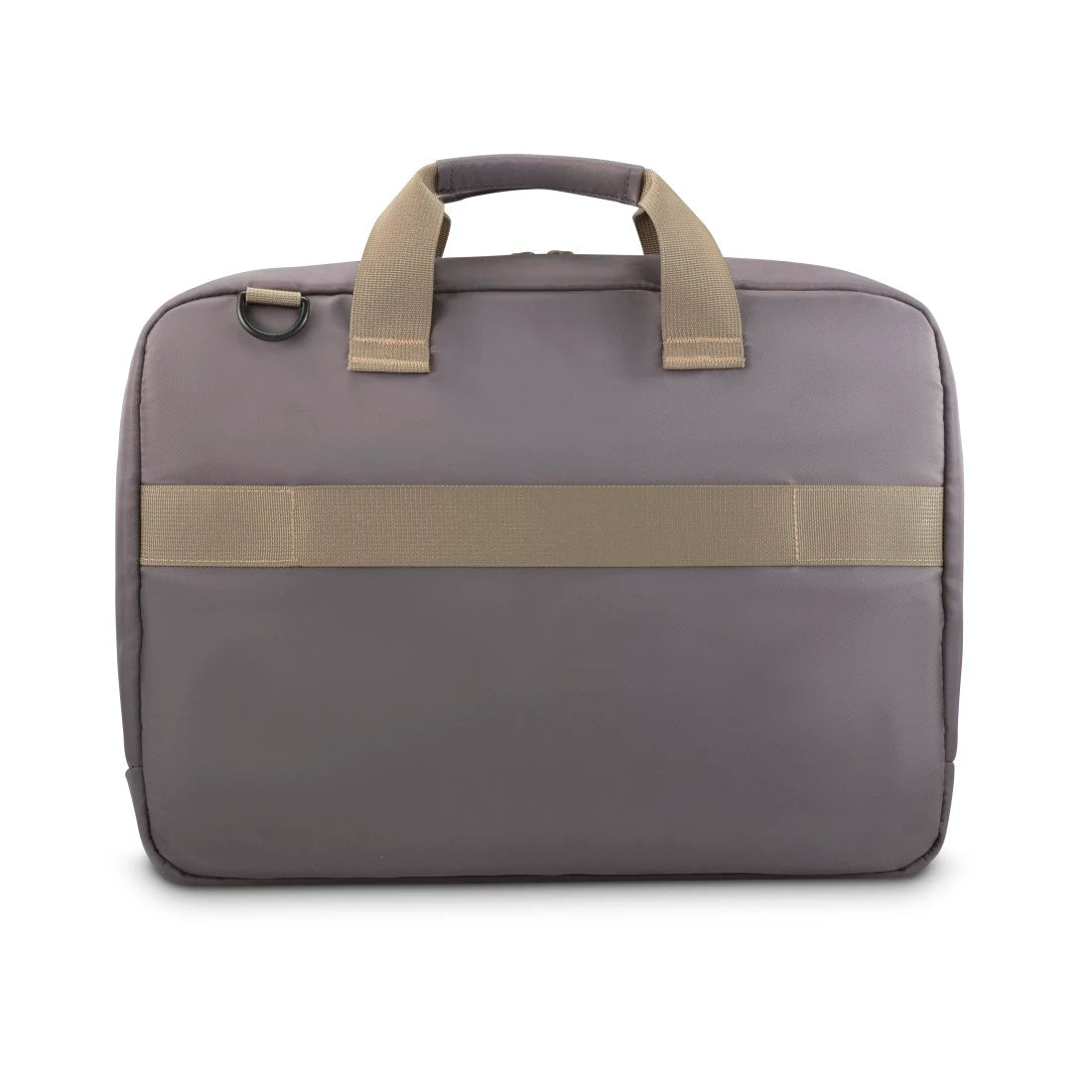 Gray briefcase with beige straps on a white background