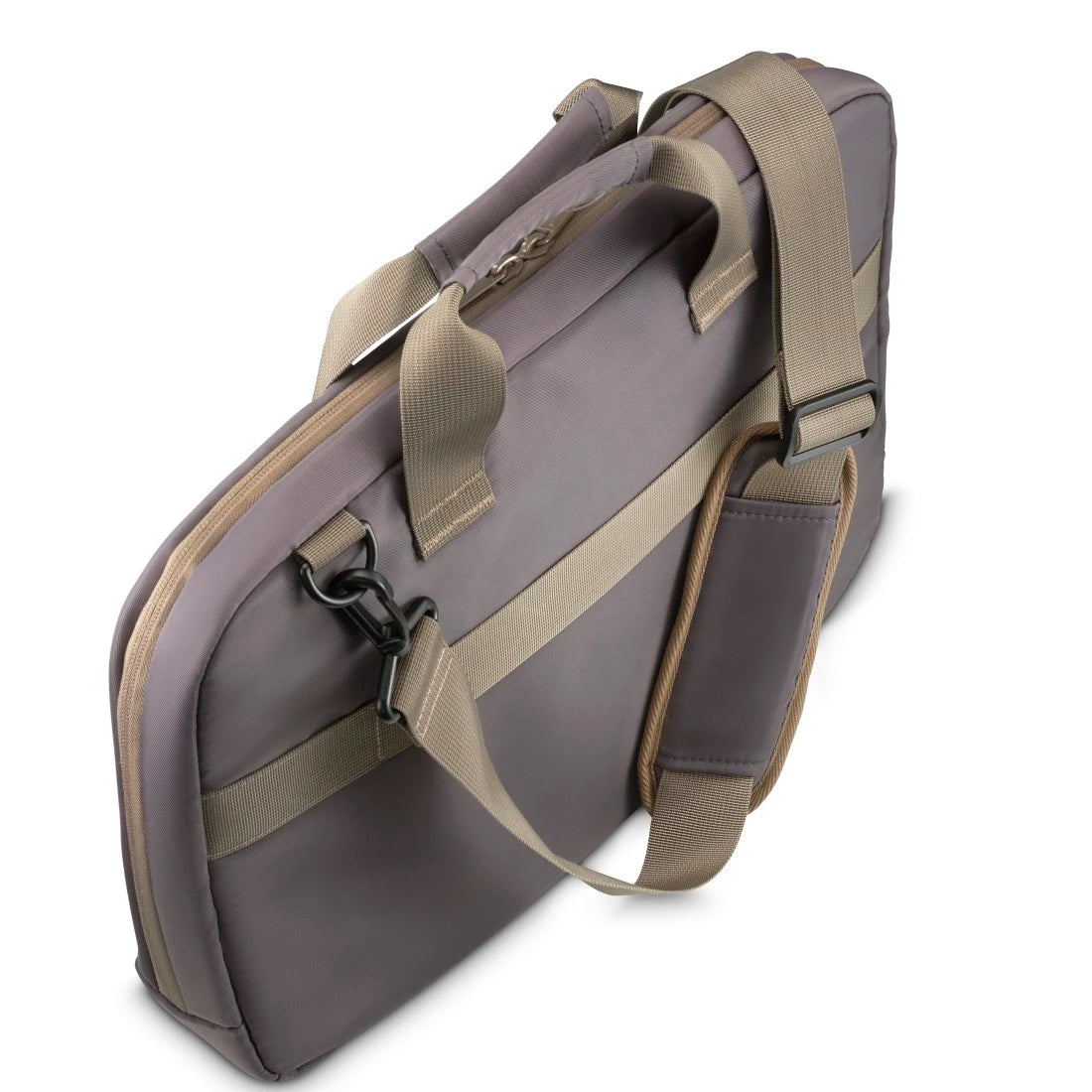 Gray briefcase with beige straps on a white background