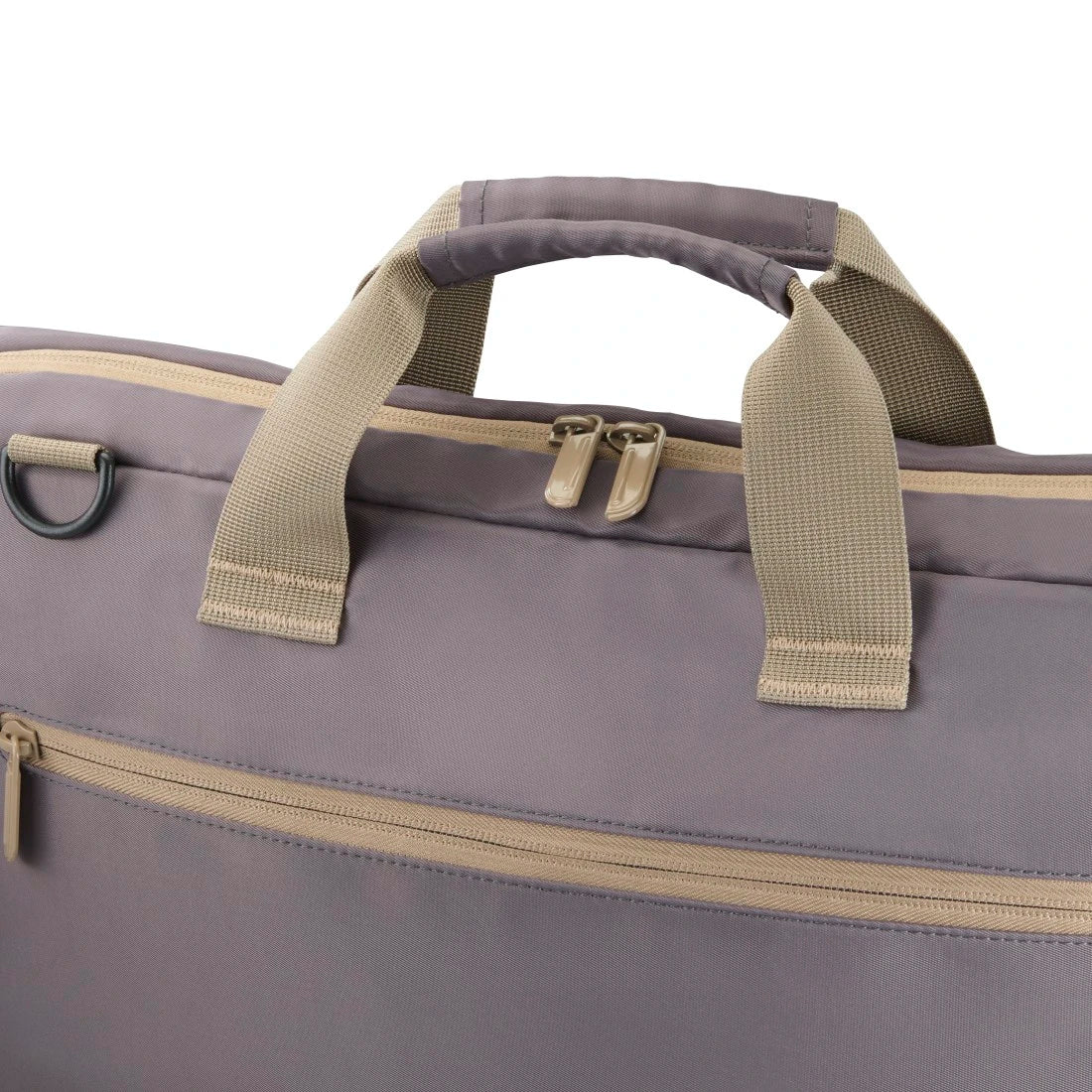 Gray bag with beige handles and zipper on a white background