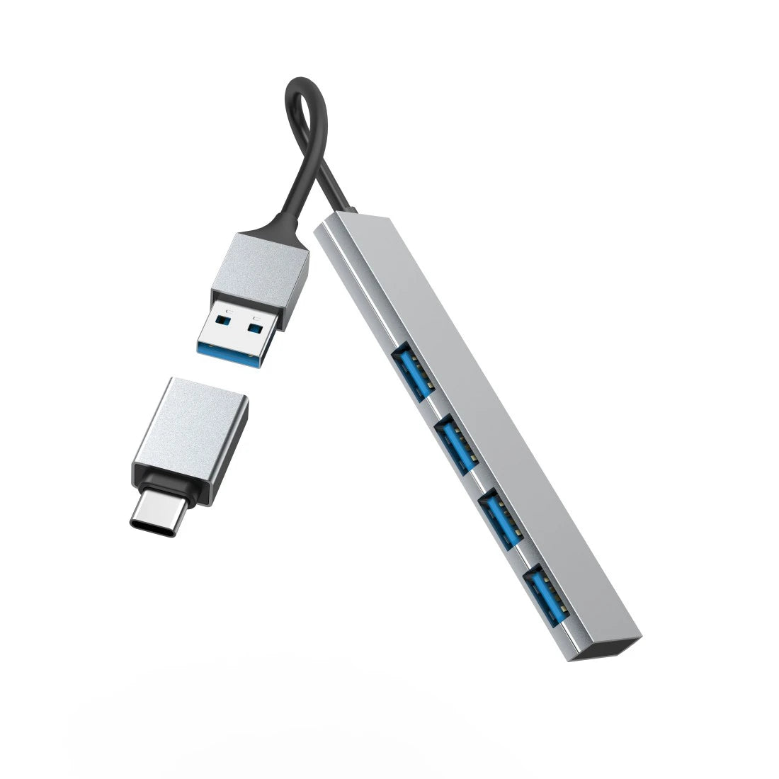 USB hub with multiple ports and a USB cable on a white background