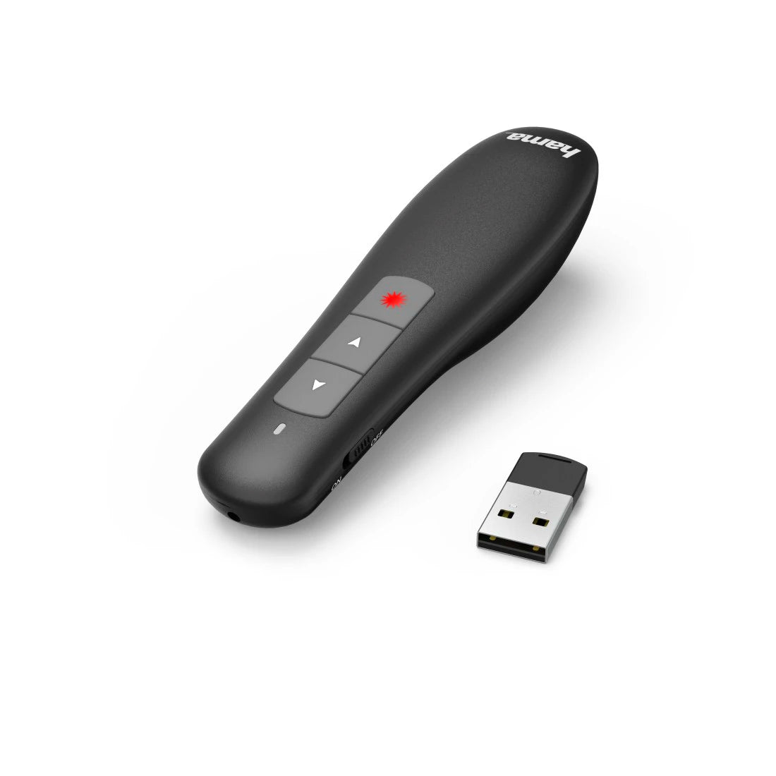 Black laser pointer with USB receiver on a white background