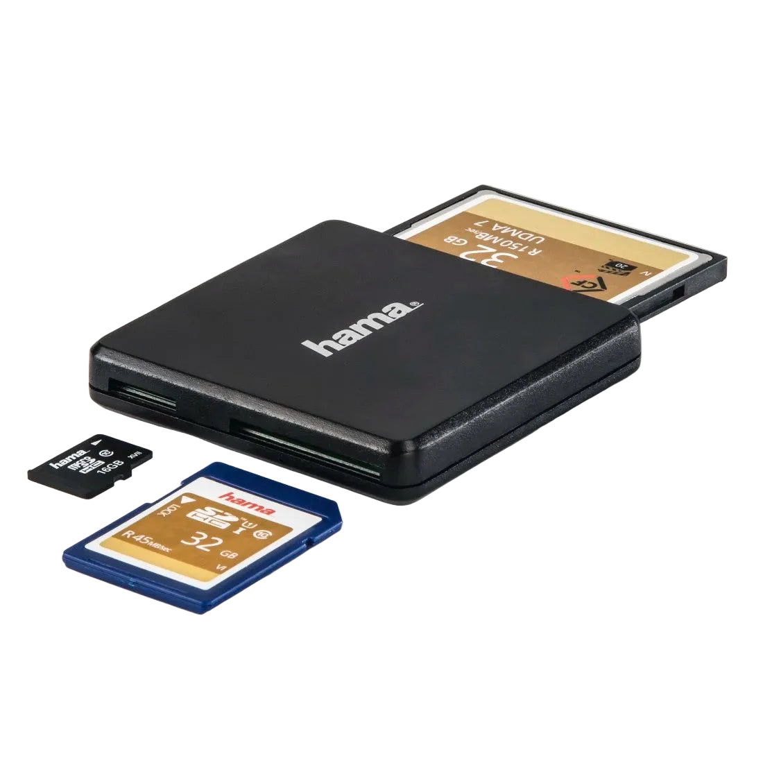 Hama SD card reader with SD cards on a white background