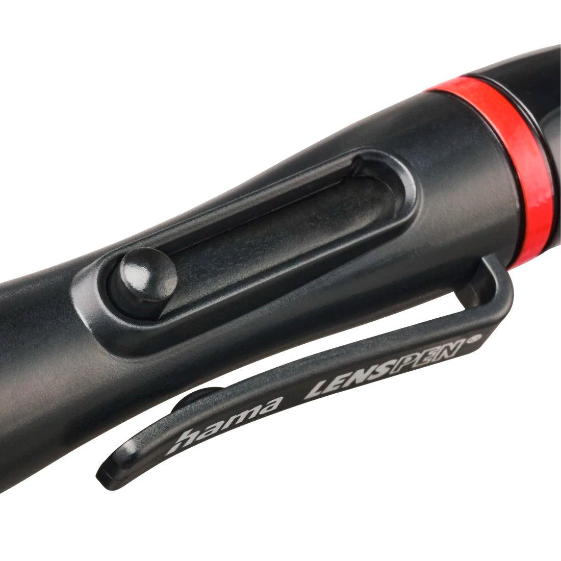 Close-up of a black and red handlebar with 'Lezyne' branding on a white background