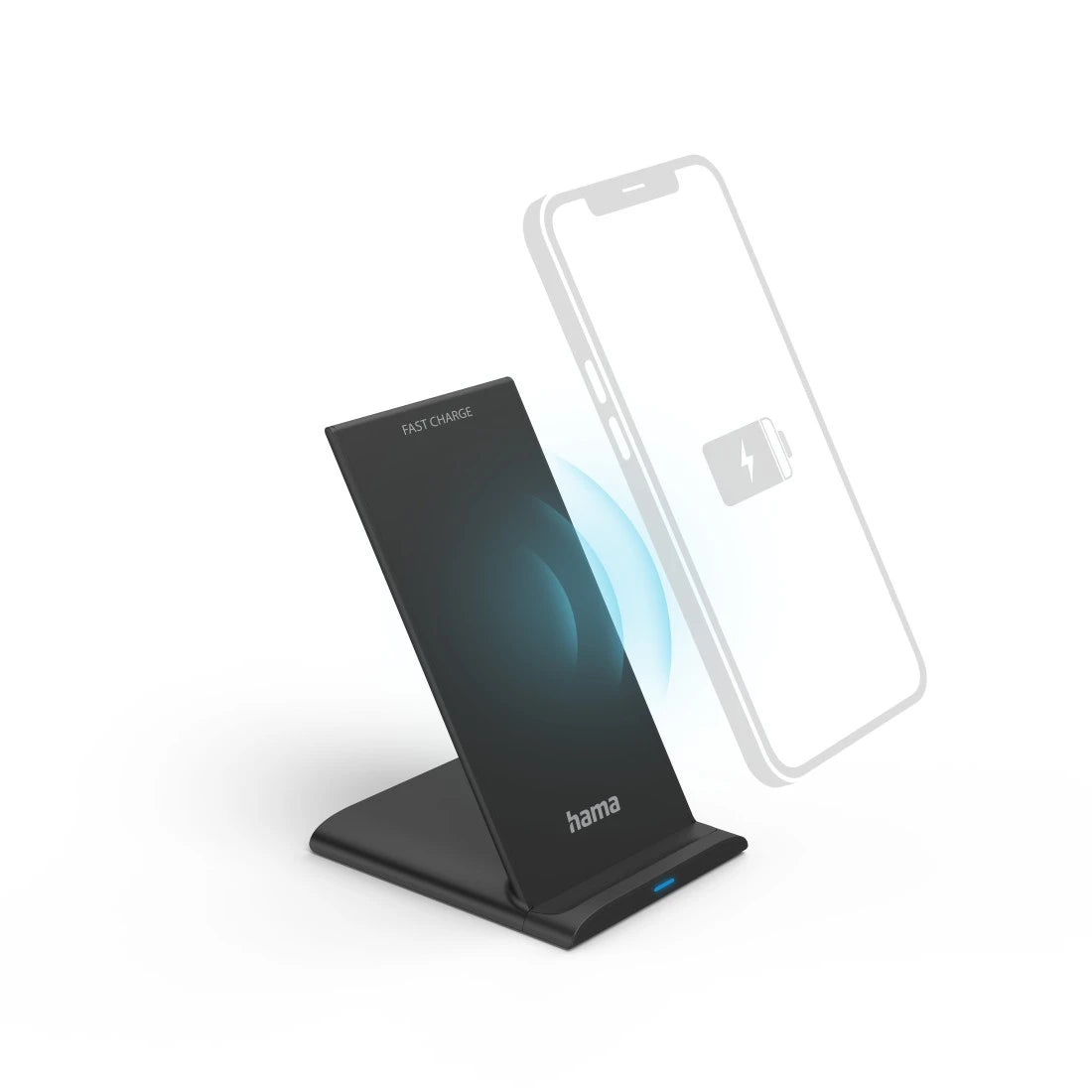 Wireless charging stand with a smartphone on a white background