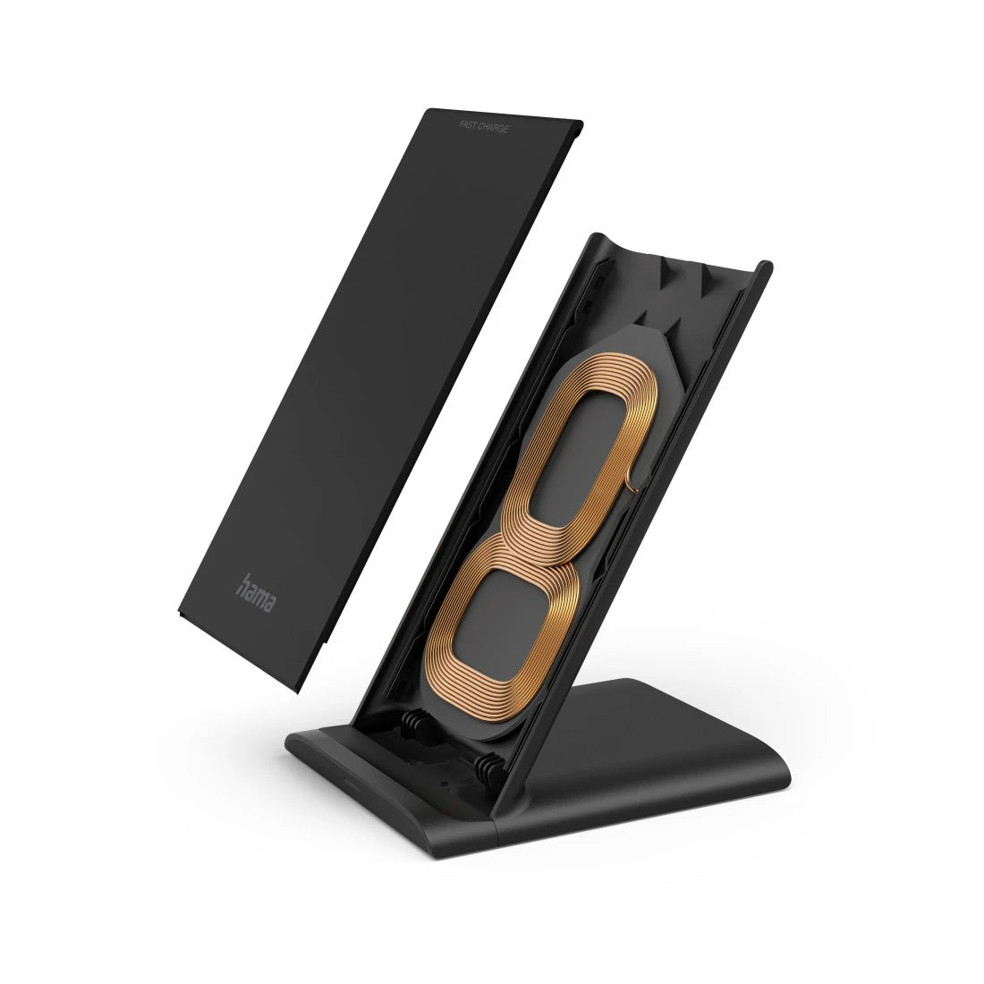 Black and gold product in an open black box on a white background