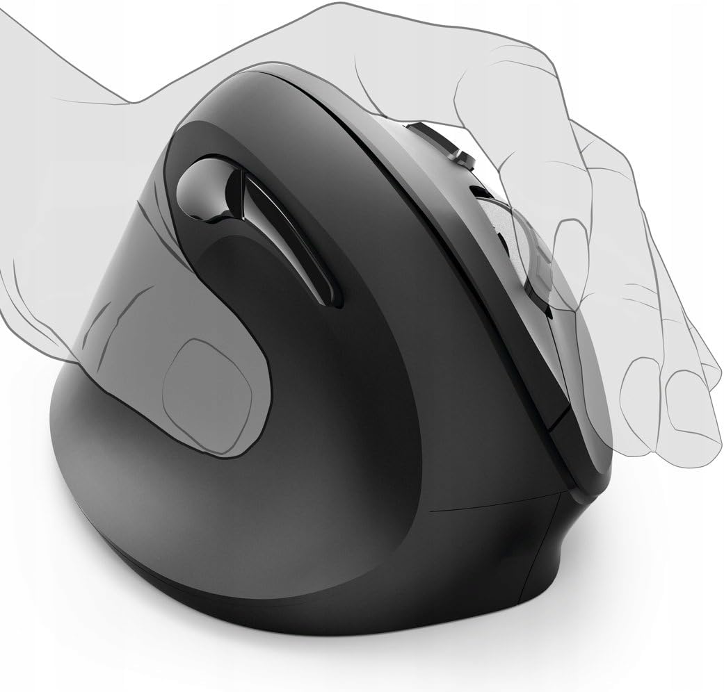 Black ergonomic mouse with a hand on a white background