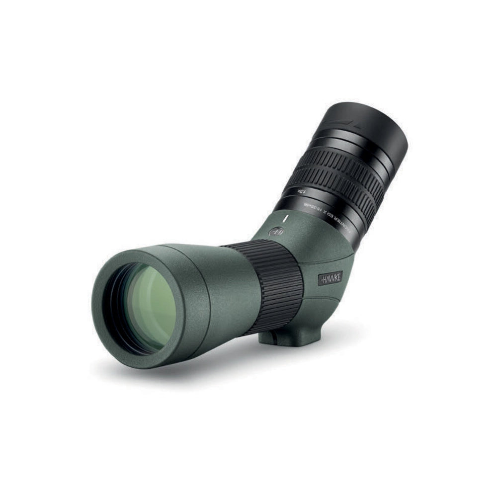 Green and black spotting scope on a white background