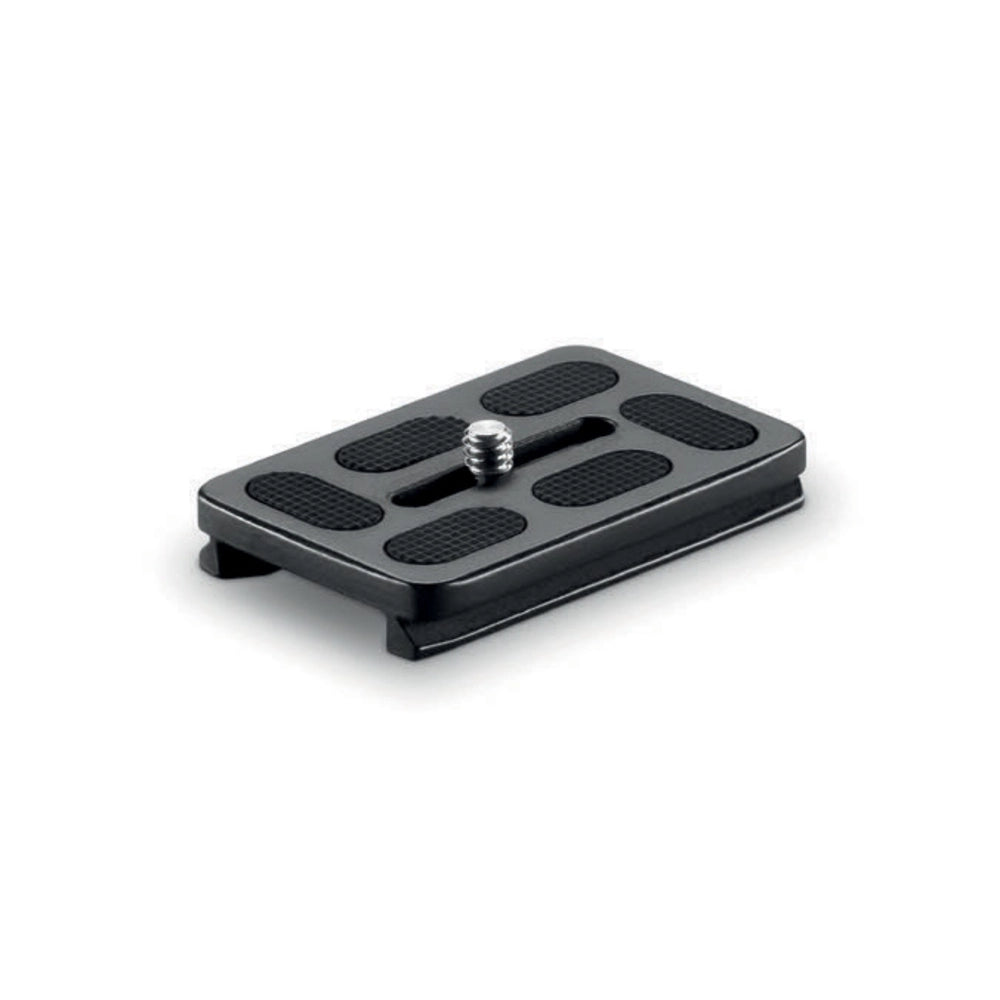 Black camera plate with multiple mounting points on a white background