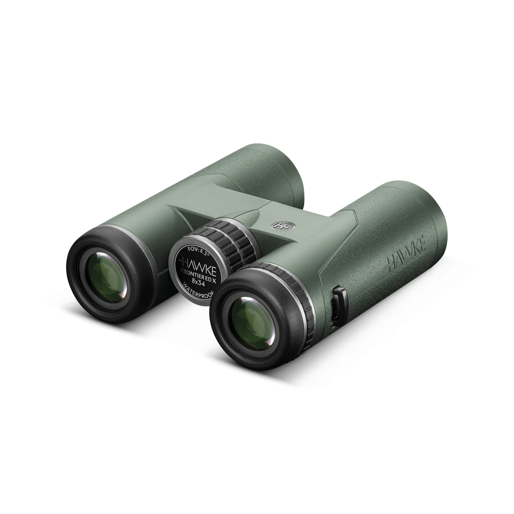 A pair of HAWKE binoculars in dark green with black and silver accents, shown on a clean white background.