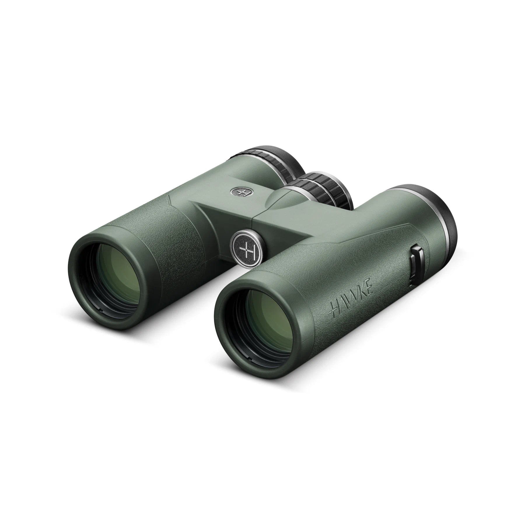 A pair of HAWKE binoculars in dark green with black and silver accents, shown on a clean white background.