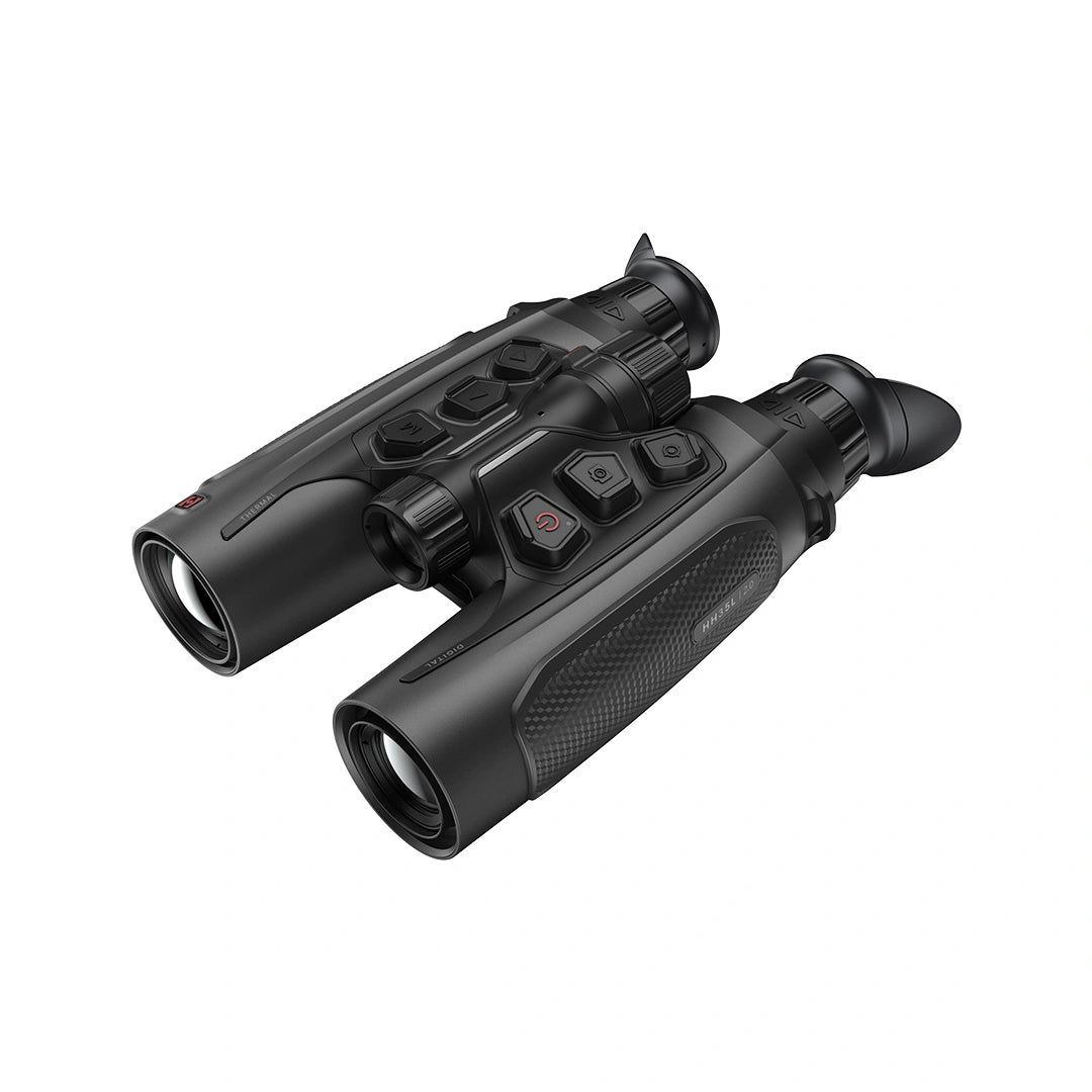 Black thermal binoculars with a top-mounted display and control buttons, shown on a solid white background.