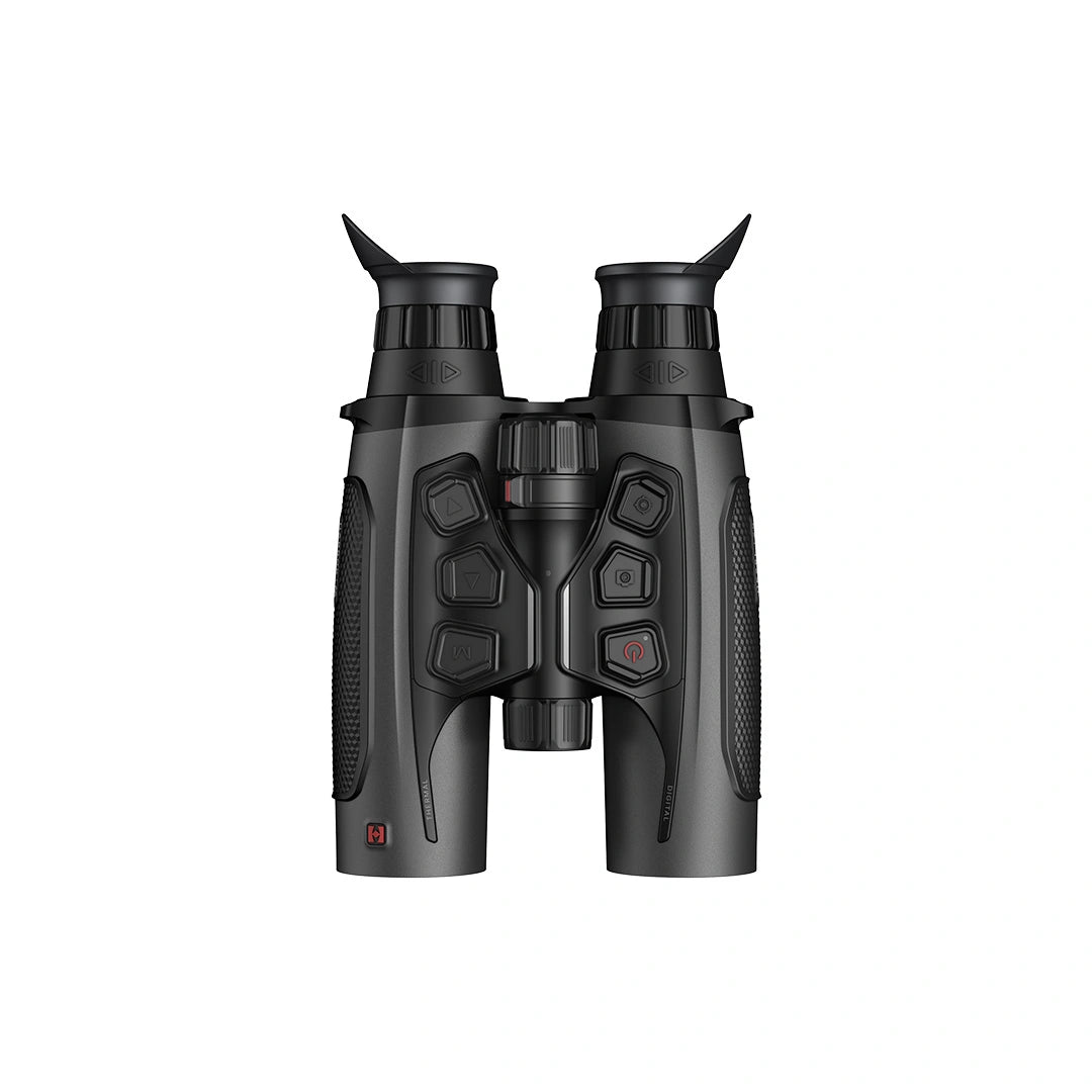Black binoculars with textured rubberized grips and red accent buttons, shown from the front on a solid white background.