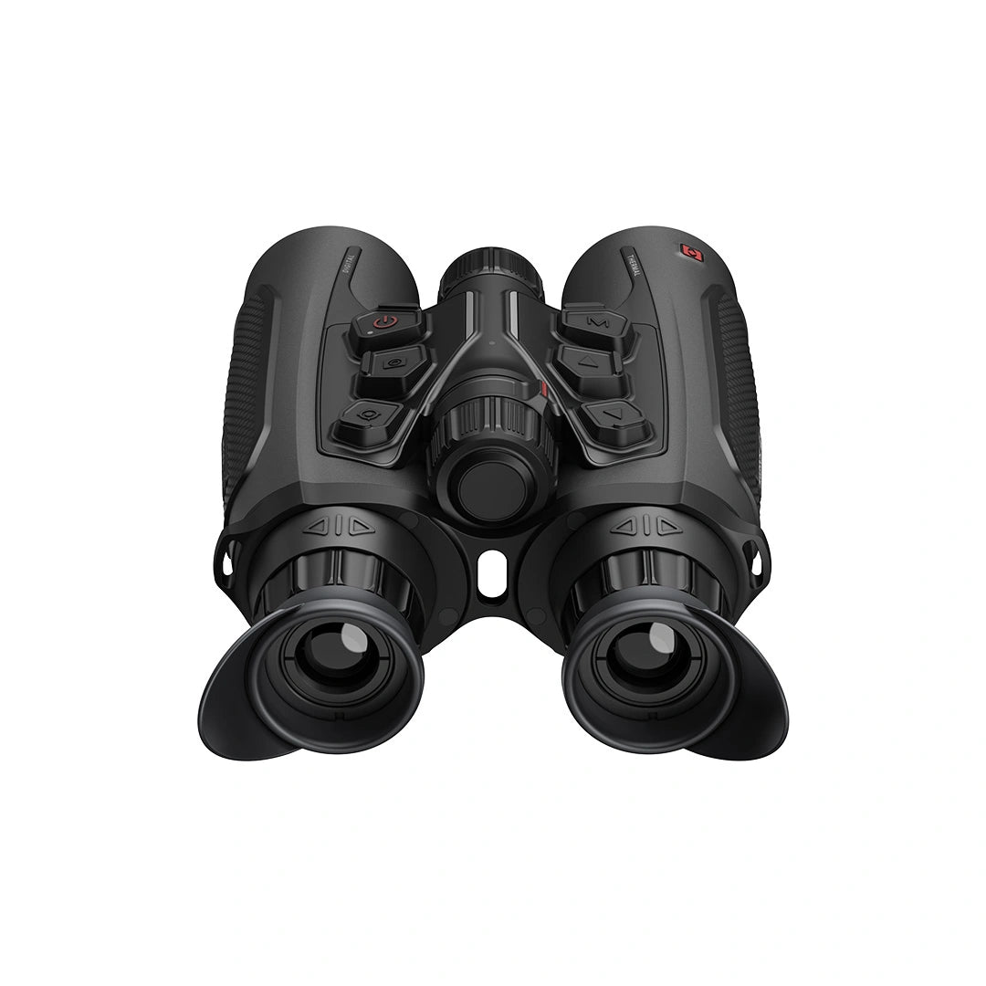 Black binoculars photographed from above on a plain white background.