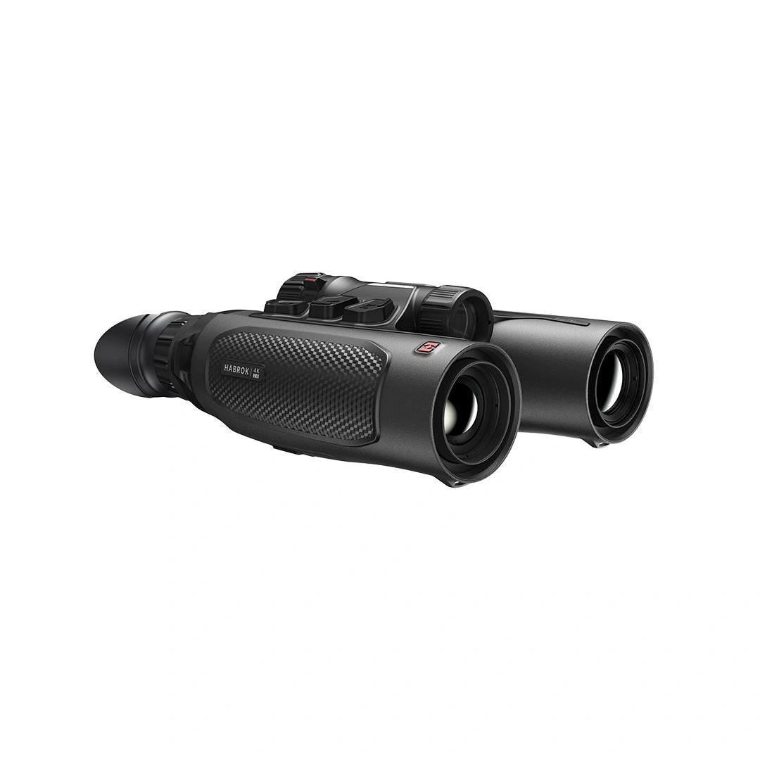 Black binoculars photographed from above on a plain white background.