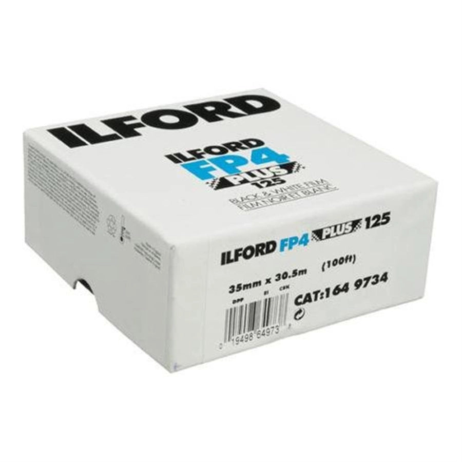 Ilford FP4 + 35mm Black & White Camera Film 30m(100Ft) Bulk Roll front angle of box