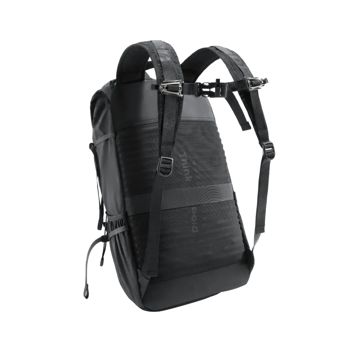 Black backpack with visible branding on a white background