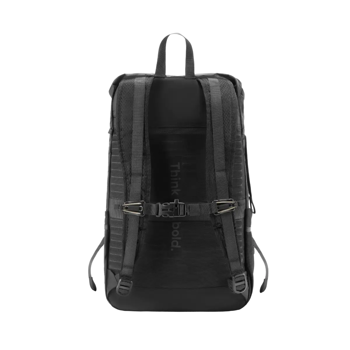 Black backpack with visible branding on a white background