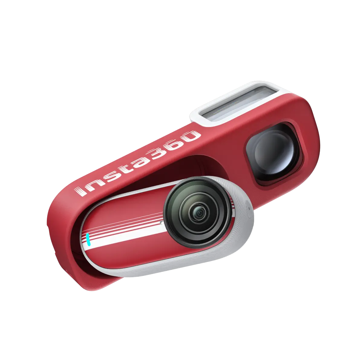 Red and white Insta360 camera on a white background