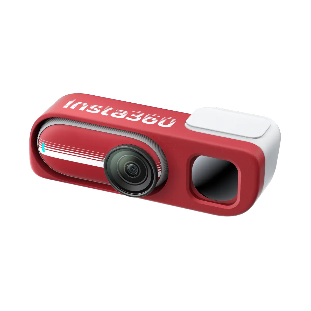 Red and white Insta360 camera on a white background
