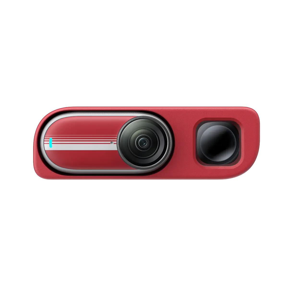 Red camera device with a lens and sensor on a white background