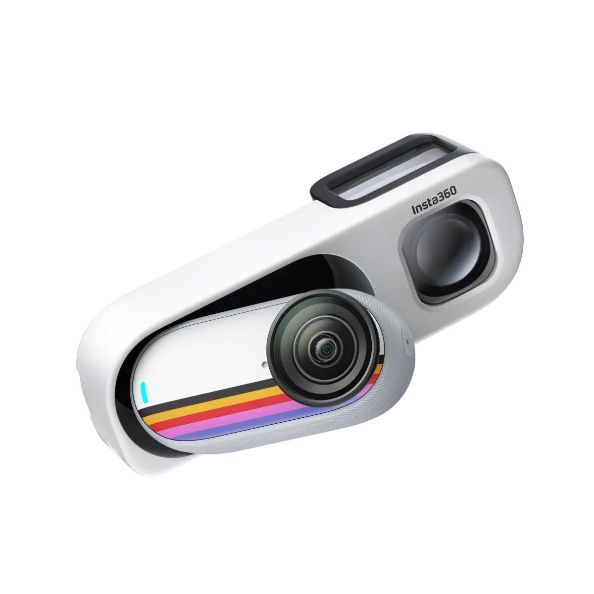 White action camera with colorful stripe design on a white background