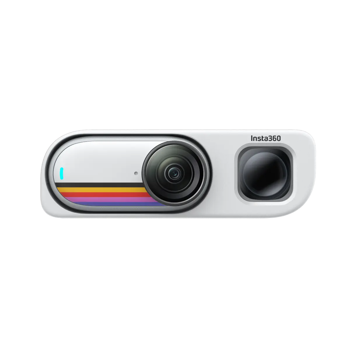White camera with colorful stripe and 'Insta360' branding on a white background