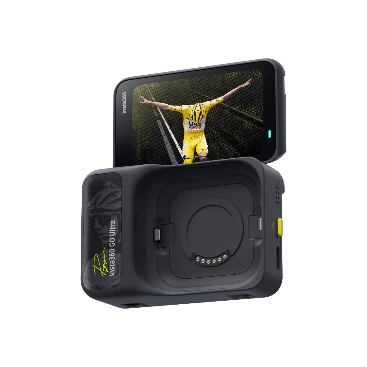 Black action camera with screen displaying a person in a yellow outfit on a white background