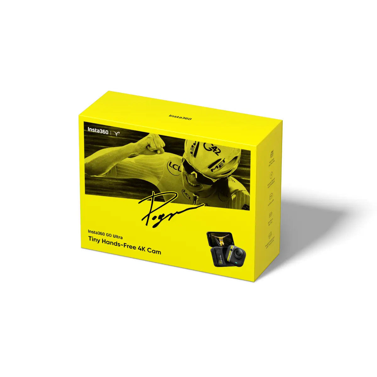 Yellow box with a black and white photo of a person wearing a helmet and goggles on a white background
