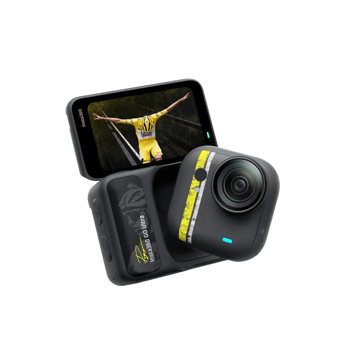 Action camera with a screen displaying a person in a yellow outfit on a white background