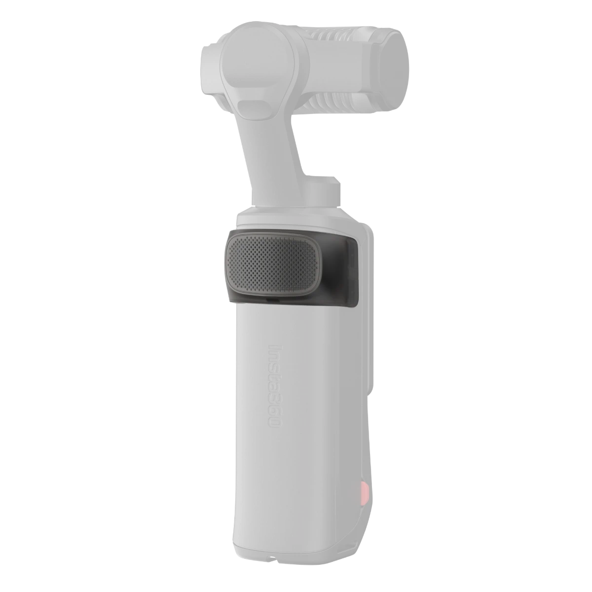 White handheld device with a speaker grille on a white background