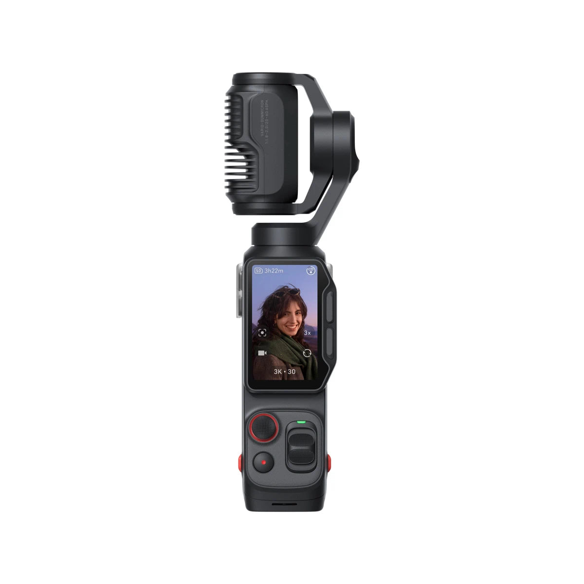 Black camera with screen displaying a person on a white background