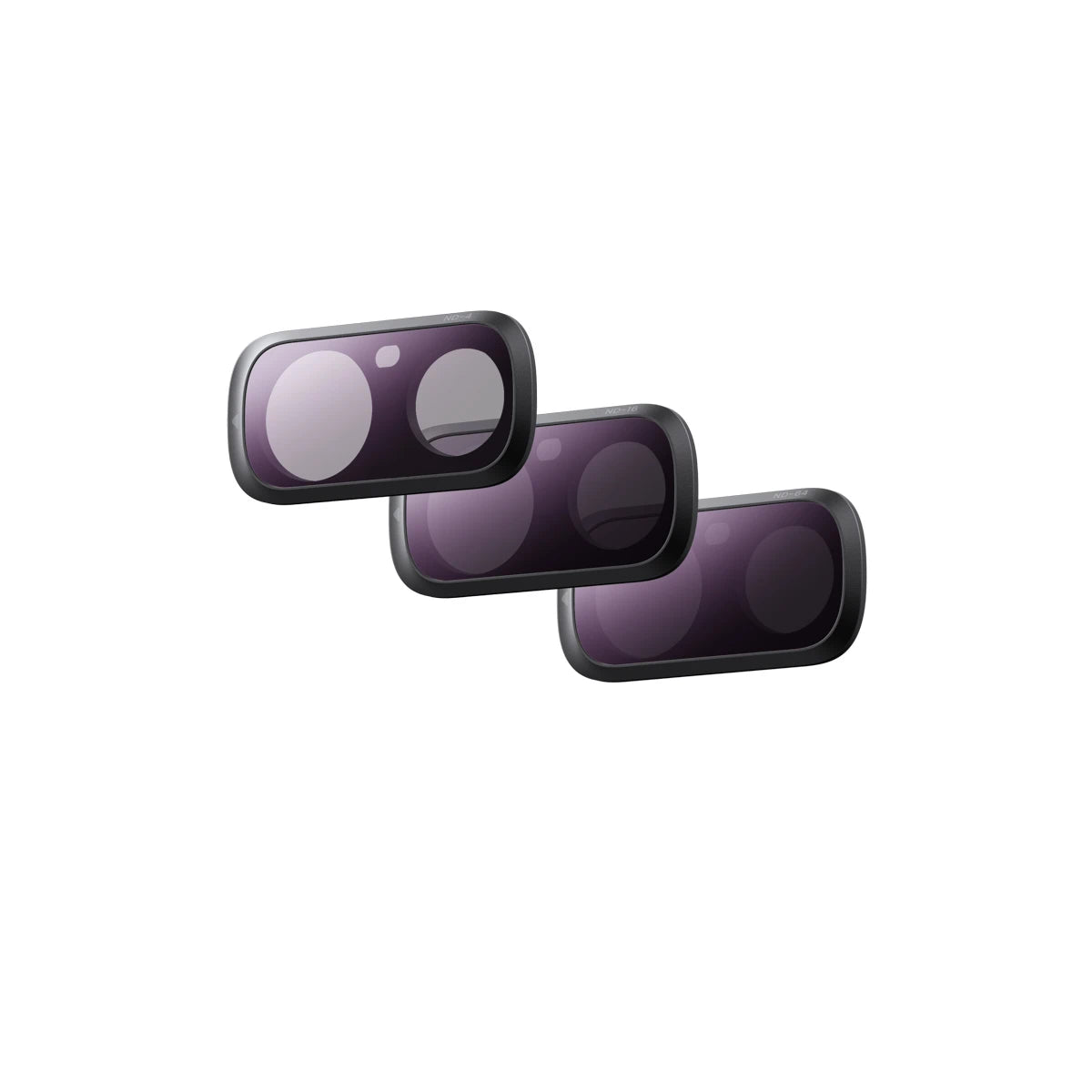 Three purple lens filters on a white background