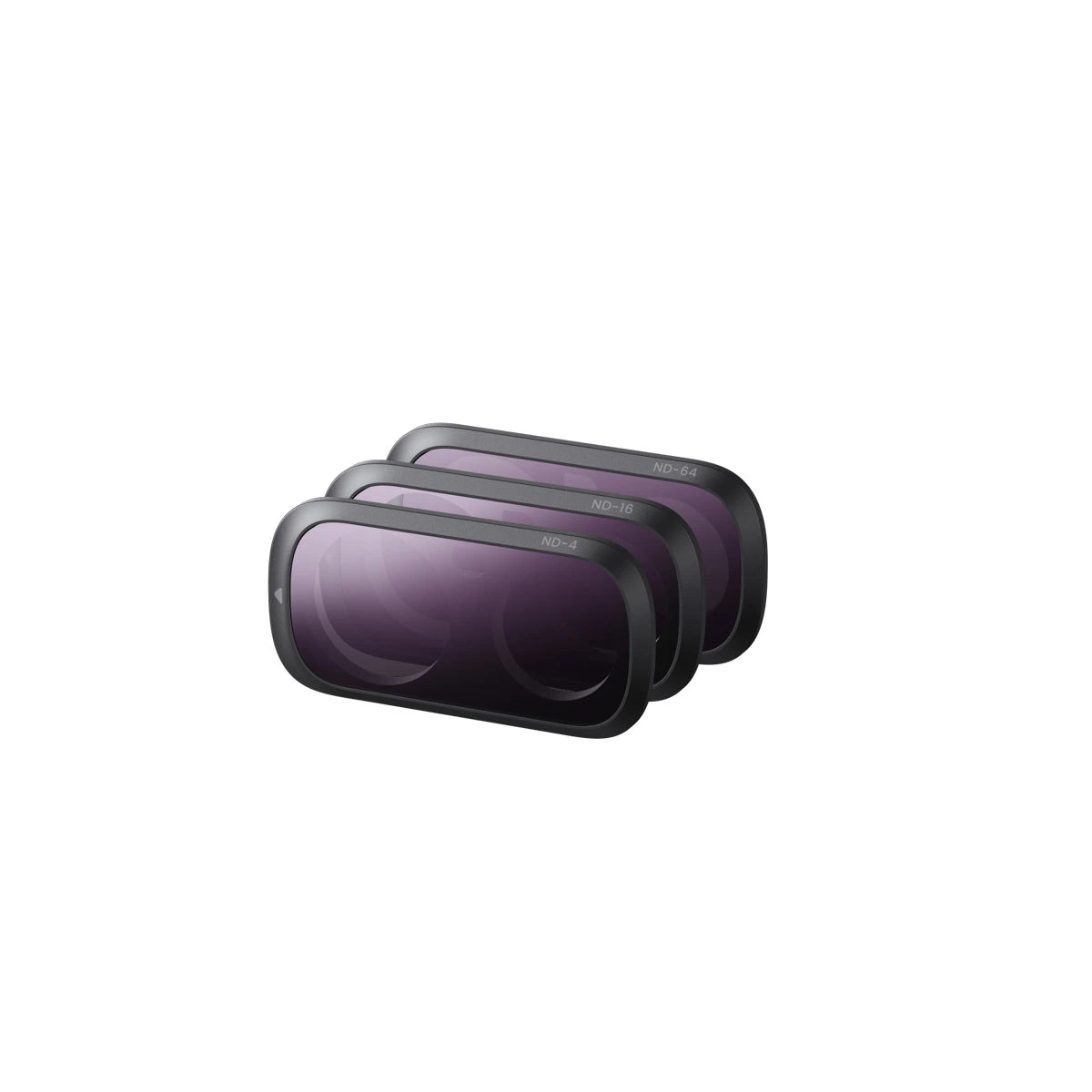 Three purple camera lens filters on a white background
