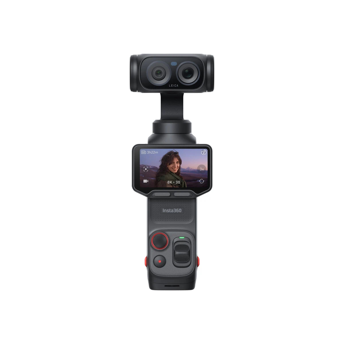 Handheld camera with screen displaying a person's face on a white background