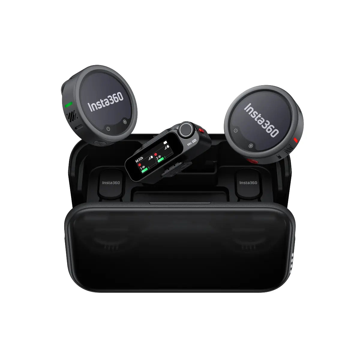 Insta360 device with two cameras and a control panel on a white background