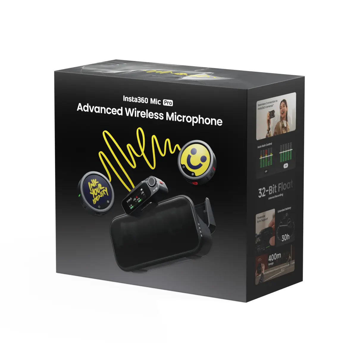 Box of Insta360 Mic Pro Advanced Wireless Microphone on a white background