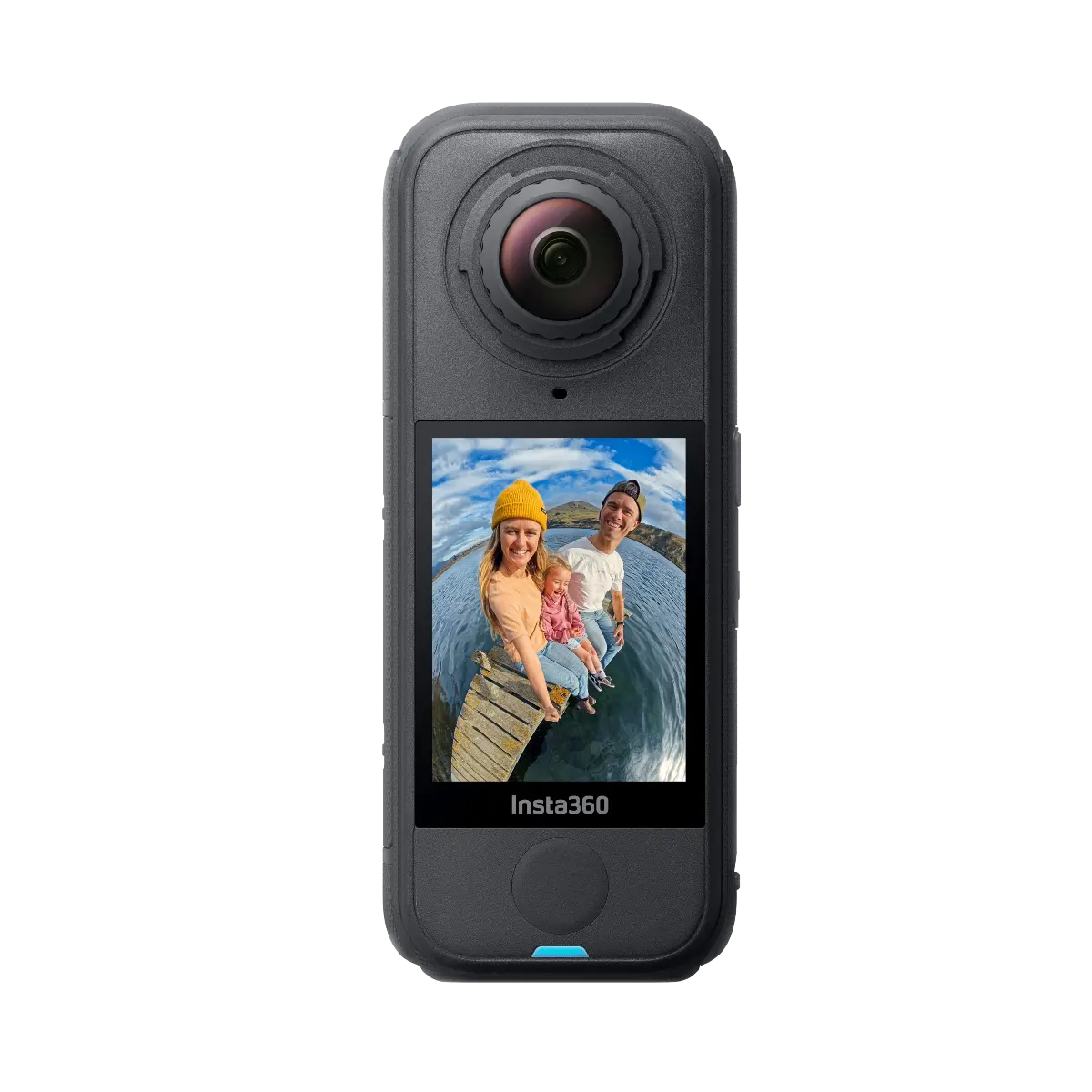 360-degree camera with a screen displaying a family photo on a white background