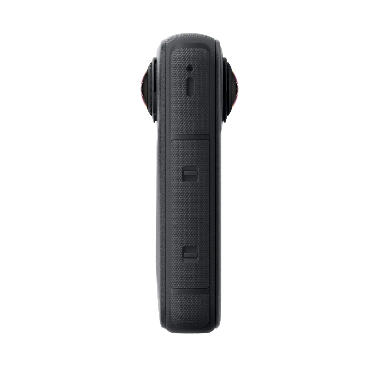 Black action camera on a white background