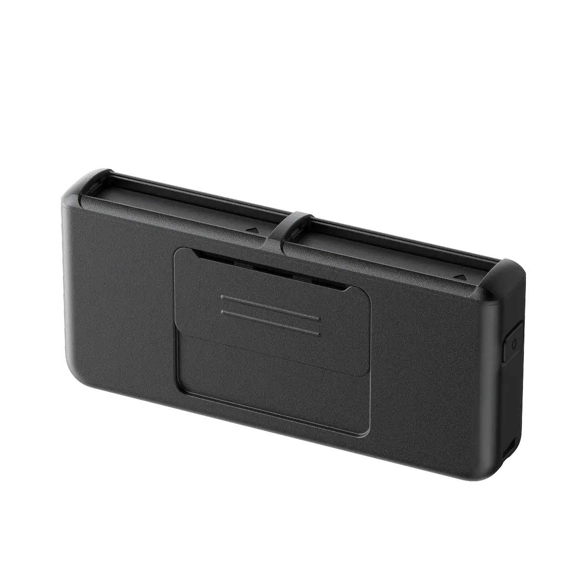 Black rectangular electronic device on a white background