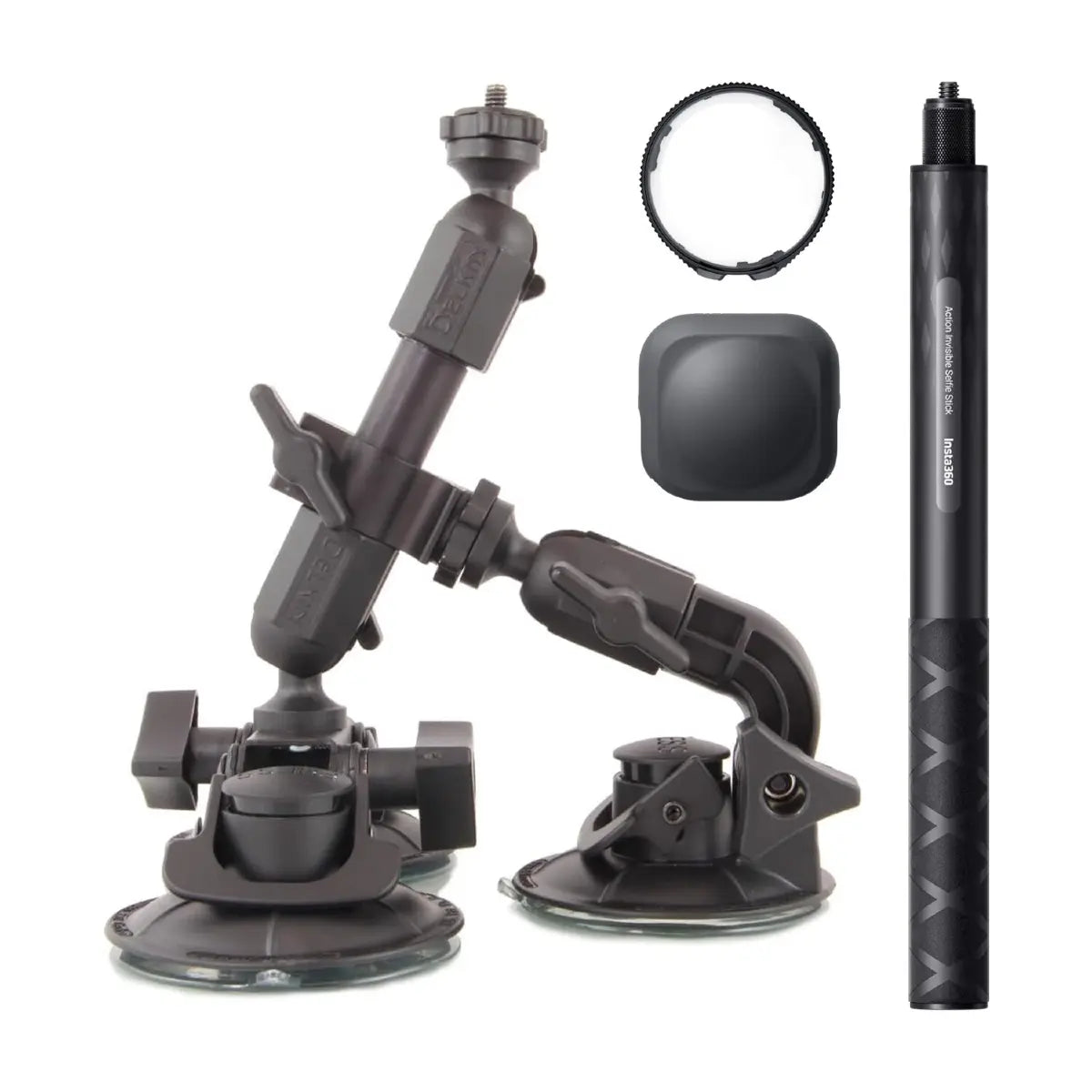 Car mount with suction cups, flexible arm, and additional accessories on a white background