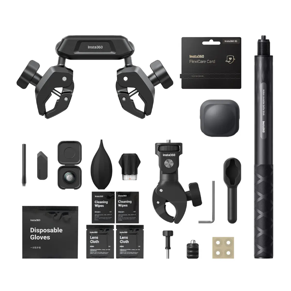 Collection of camera accessories including mounts, cards, and cleaning tools on a white background